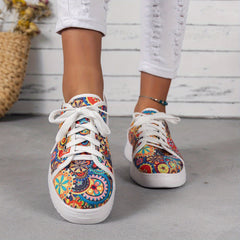 Women's Colorful Print Canvas Sneakers Lace Up Low Top Flat Shoes
