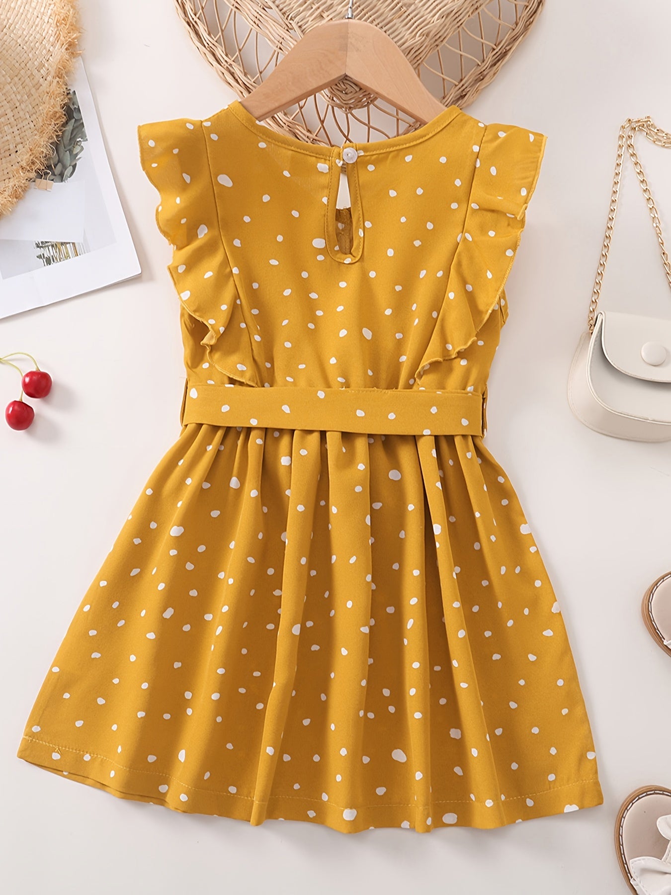 Girls Sleeveless Ruffles Button Polka Dot Belted Dress For Party