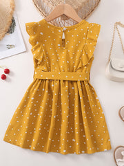 Girls Sleeveless Ruffles Button Polka Dot Belted Dress For Party