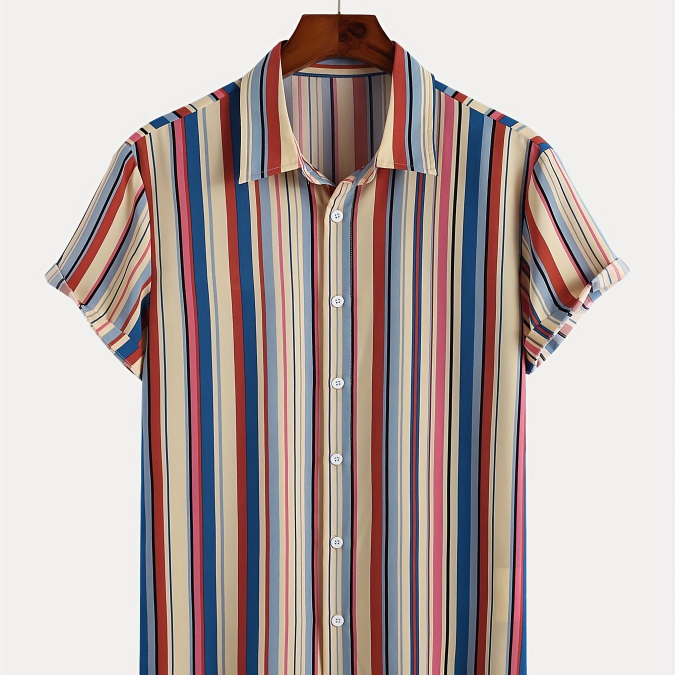 Vertical Striped Lapel Short Sleeve Button Up Shirt for Men