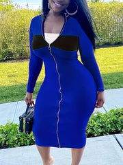 Colorblock Zipper Long Sleeve Bodycon Midi Dress