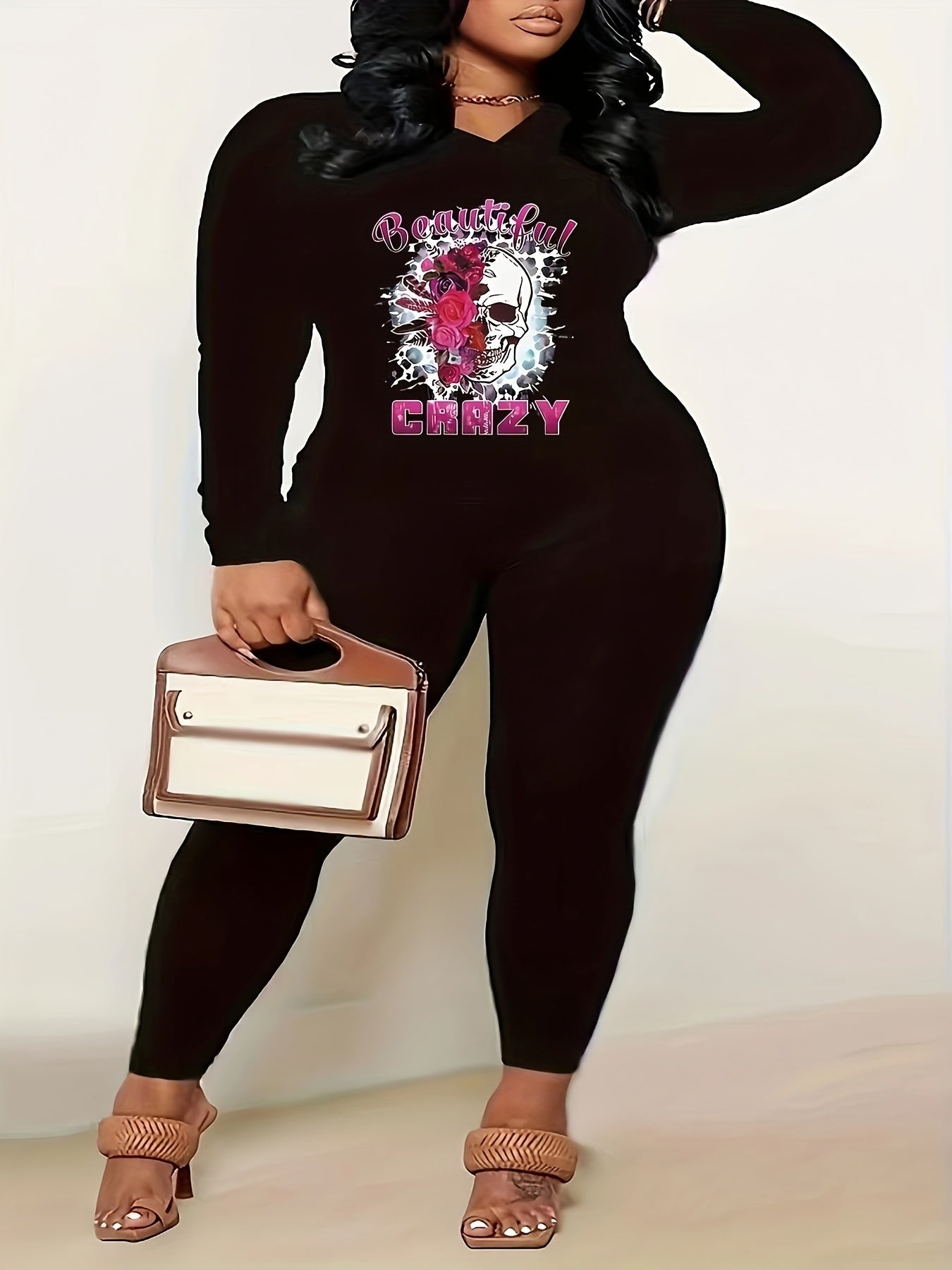 Women's Plus Skull & Floral Print Long Sleeve Top & Leggings Set