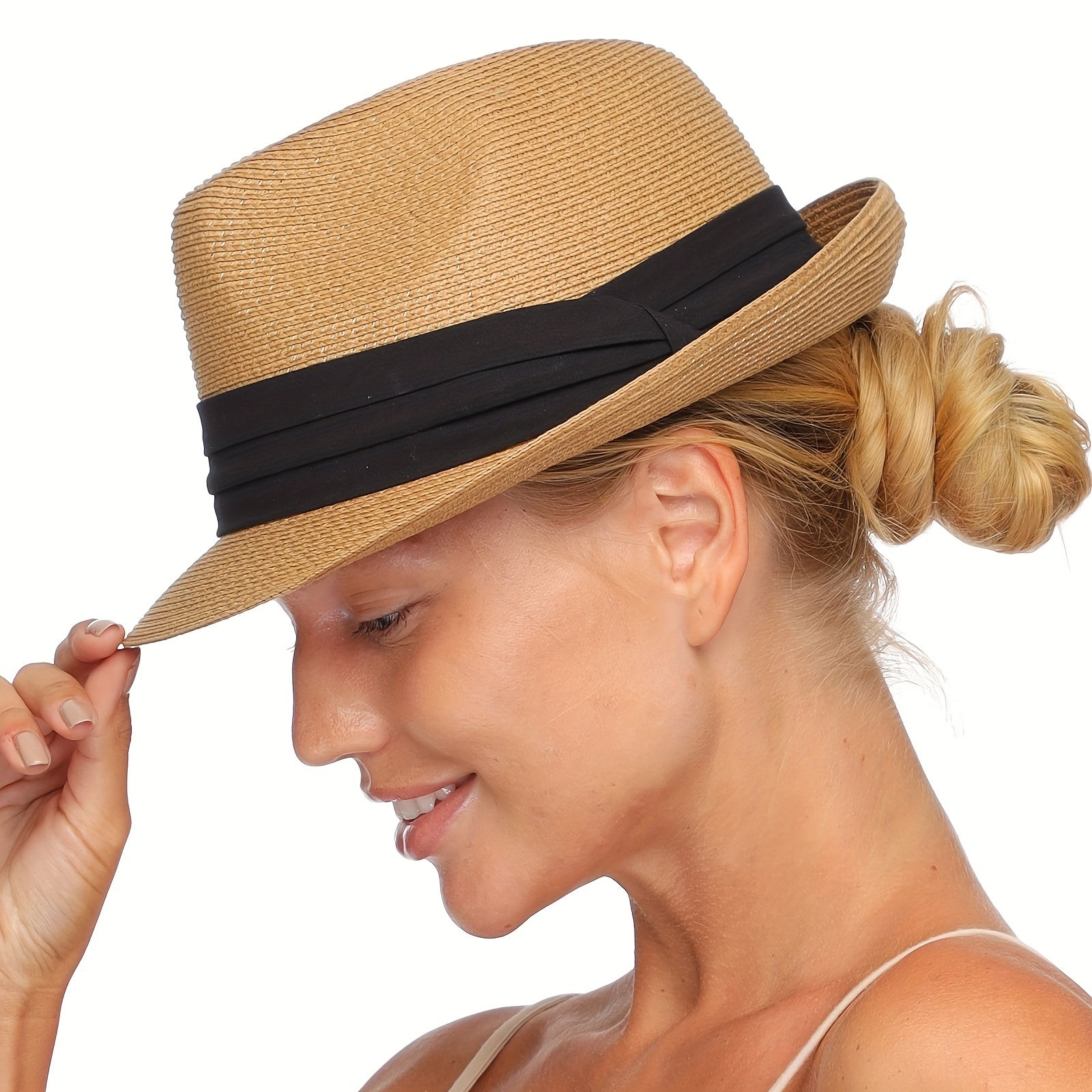 Short Brim Sun Hat Foldable Straw Jazz Hat Fedora Cap Outdoor Beach Hat