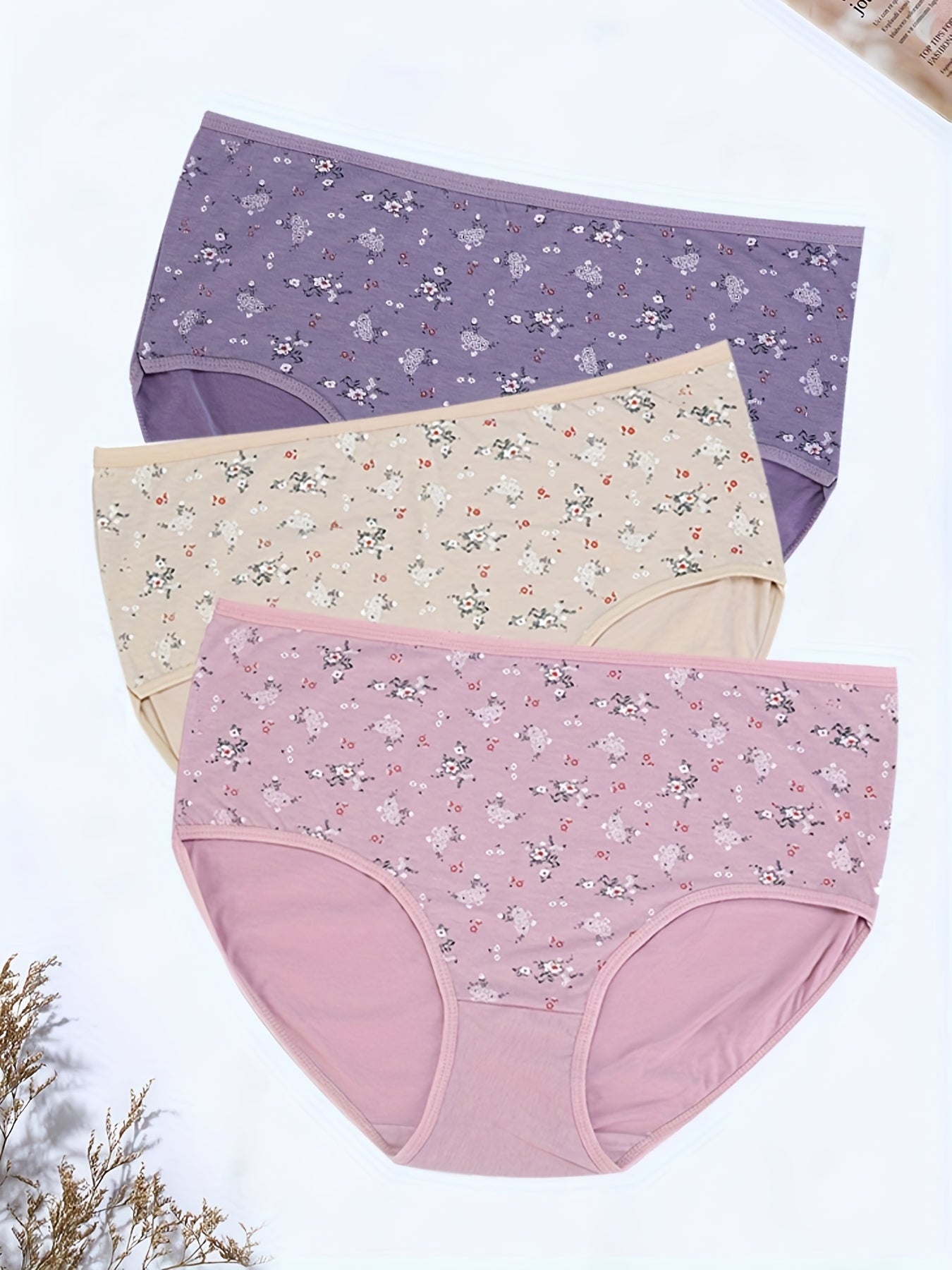 3 Pack Plus Size Women's Ditsy Floral Print Underwear Set