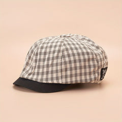 Plaid Beret Cap Label Patch Painter Hat Vintage Newsboy Style