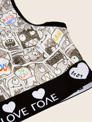 Cartoon Print Bra & Panties Set Full Coverage Sports Bra & Elastic Panties
