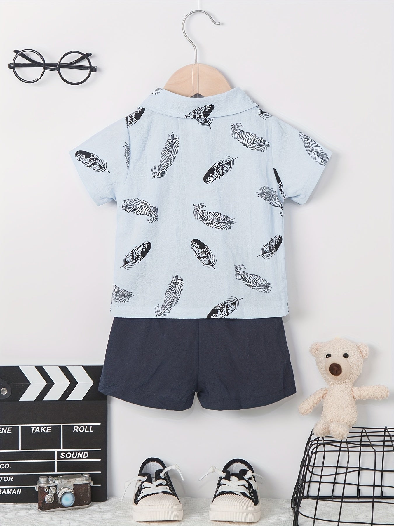 2pcs Baby Boys Leaf Print Polo Shirt & Shorts Set