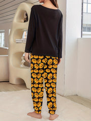 Pumpkin Print Pajama Set Long Sleeve Top & Pants Women's Sleepwear