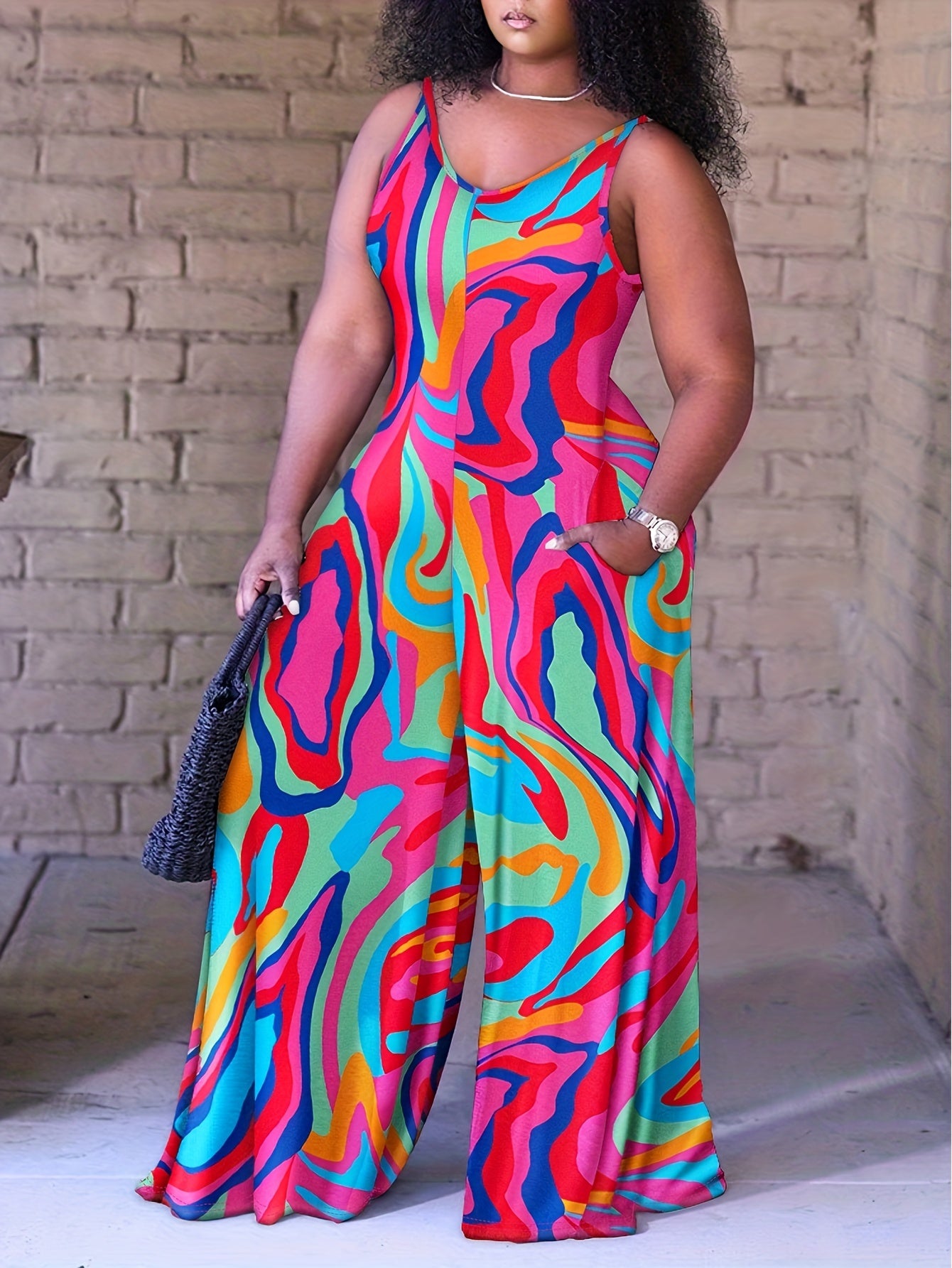 Print V-Neck Wide Leg Cami Jumpsuit