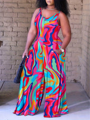 Print V-Neck Wide Leg Cami Jumpsuit