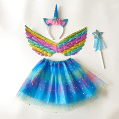Girls' Rainbow Cartoon Headband Wings Star Wand 4pcs Skirt Set