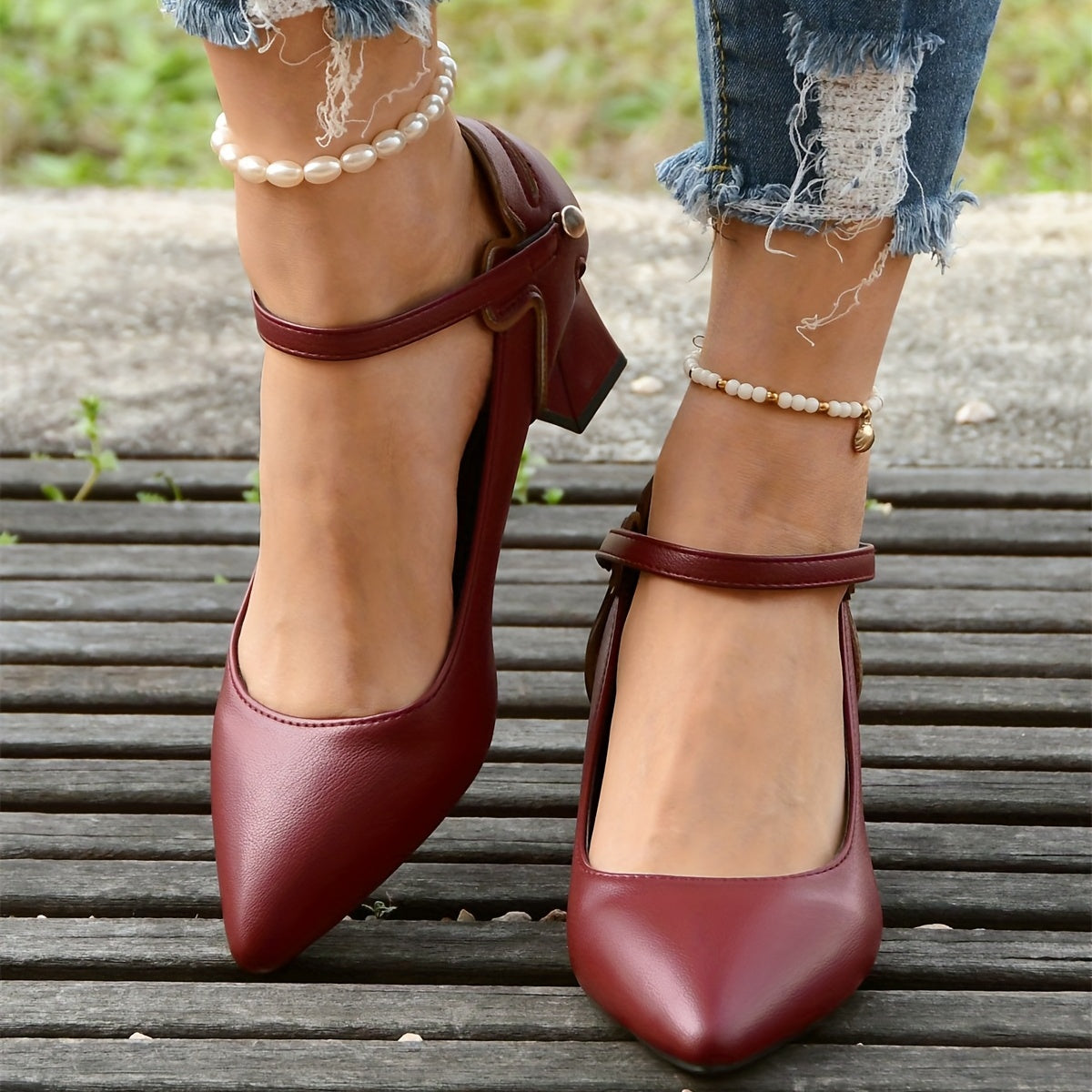 Women's Pointed Toe Pumps Ankle Strap Chunky Heels Mid Heels