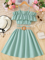 Girl's Off Shoulder Ruffle Camisole & Flared Skirt Set - Summer Outfits