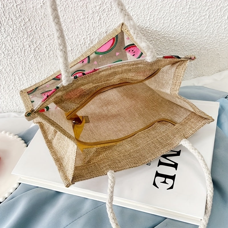 Printed Burlap Handbag Portable Shopping Bag Zipper Tote For Work School Picnic