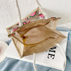 Printed Burlap Handbag Portable Shopping Bag Zipper Tote For Work School Picnic