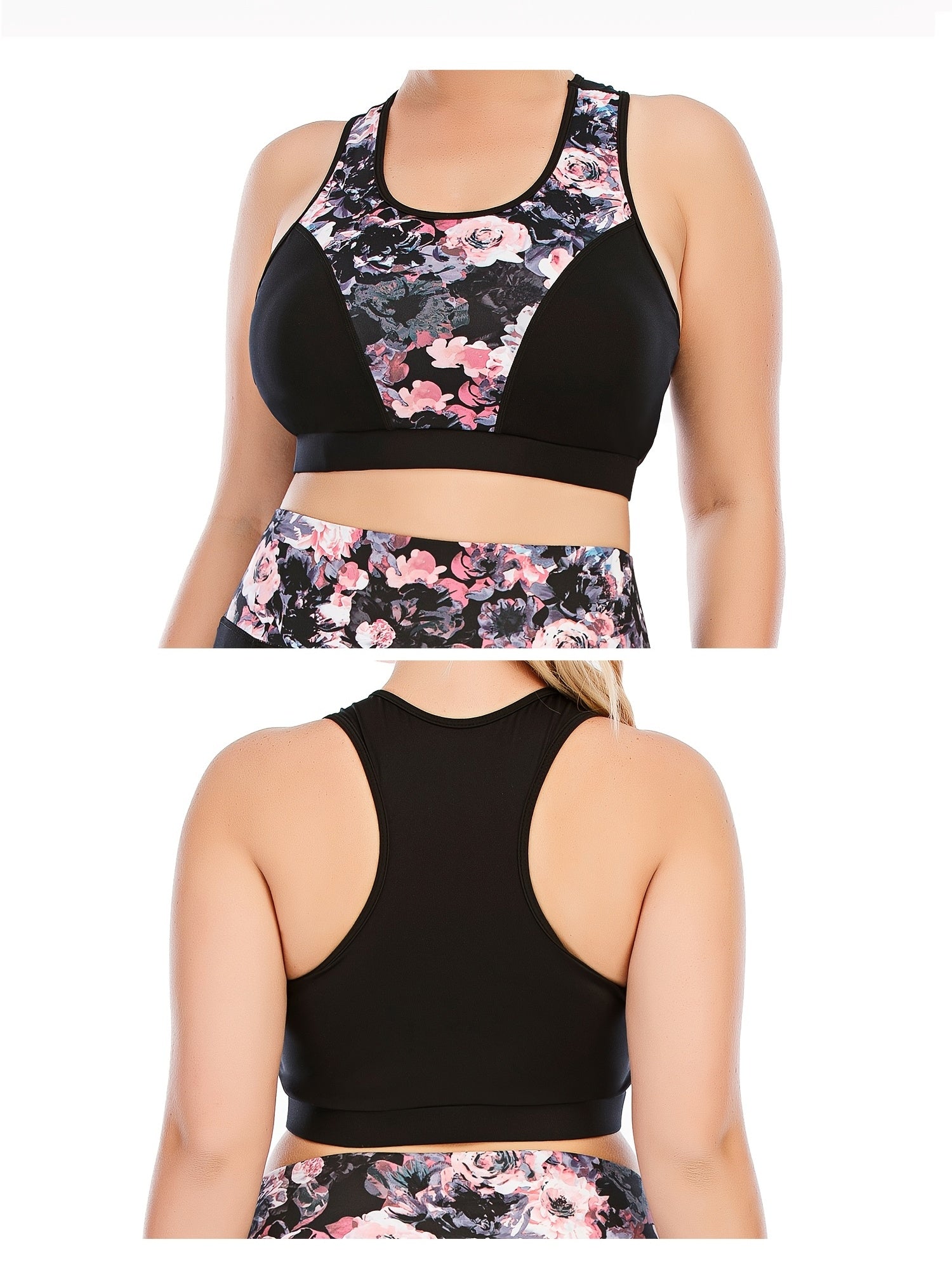 Floral Print Round Neck Yoga Bra Plus Size Comfortable Stretch Fitness Bra