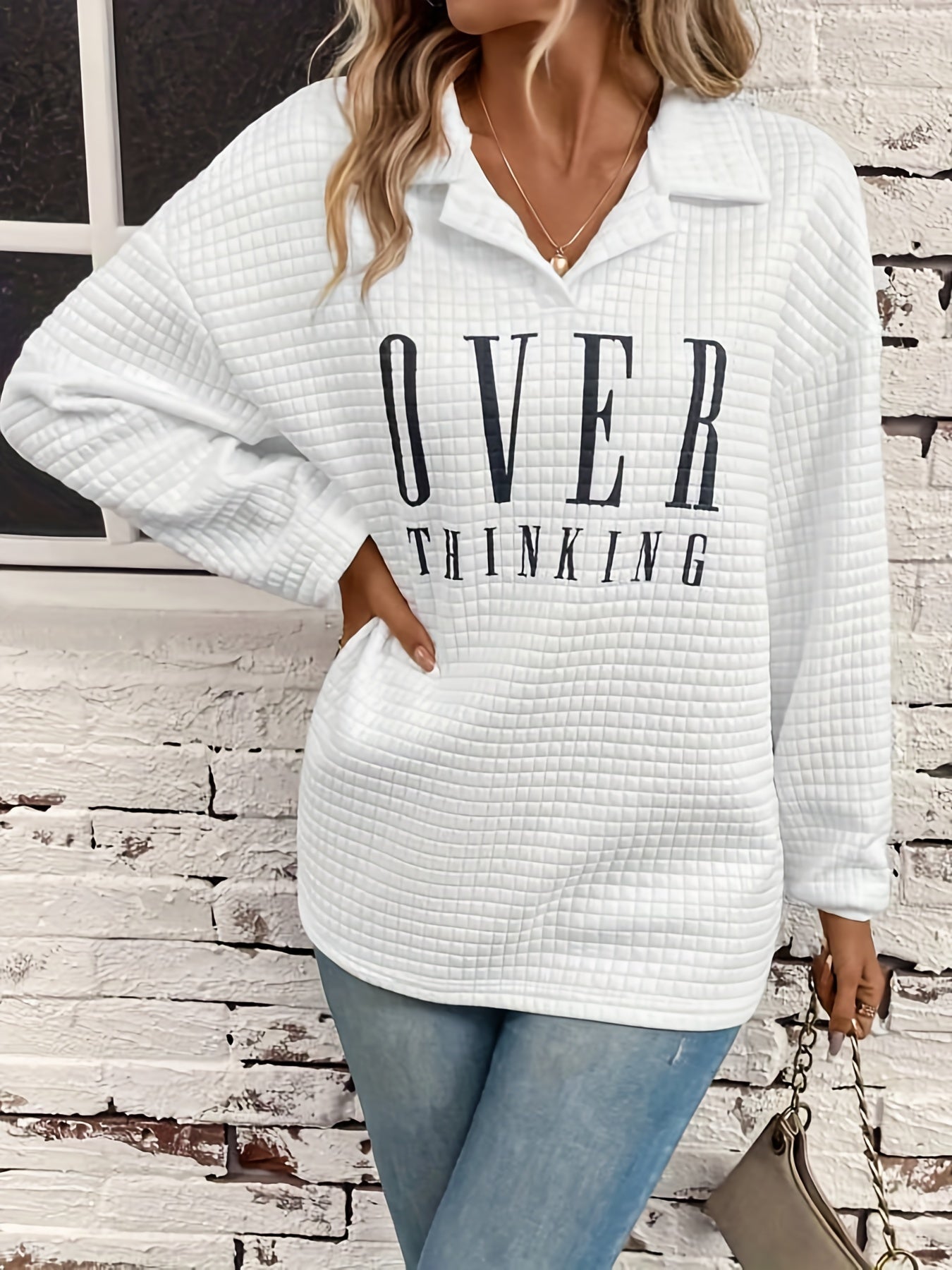 Letter Print Lapel Neck Sweatshirt Casual Long Sleeve Loose