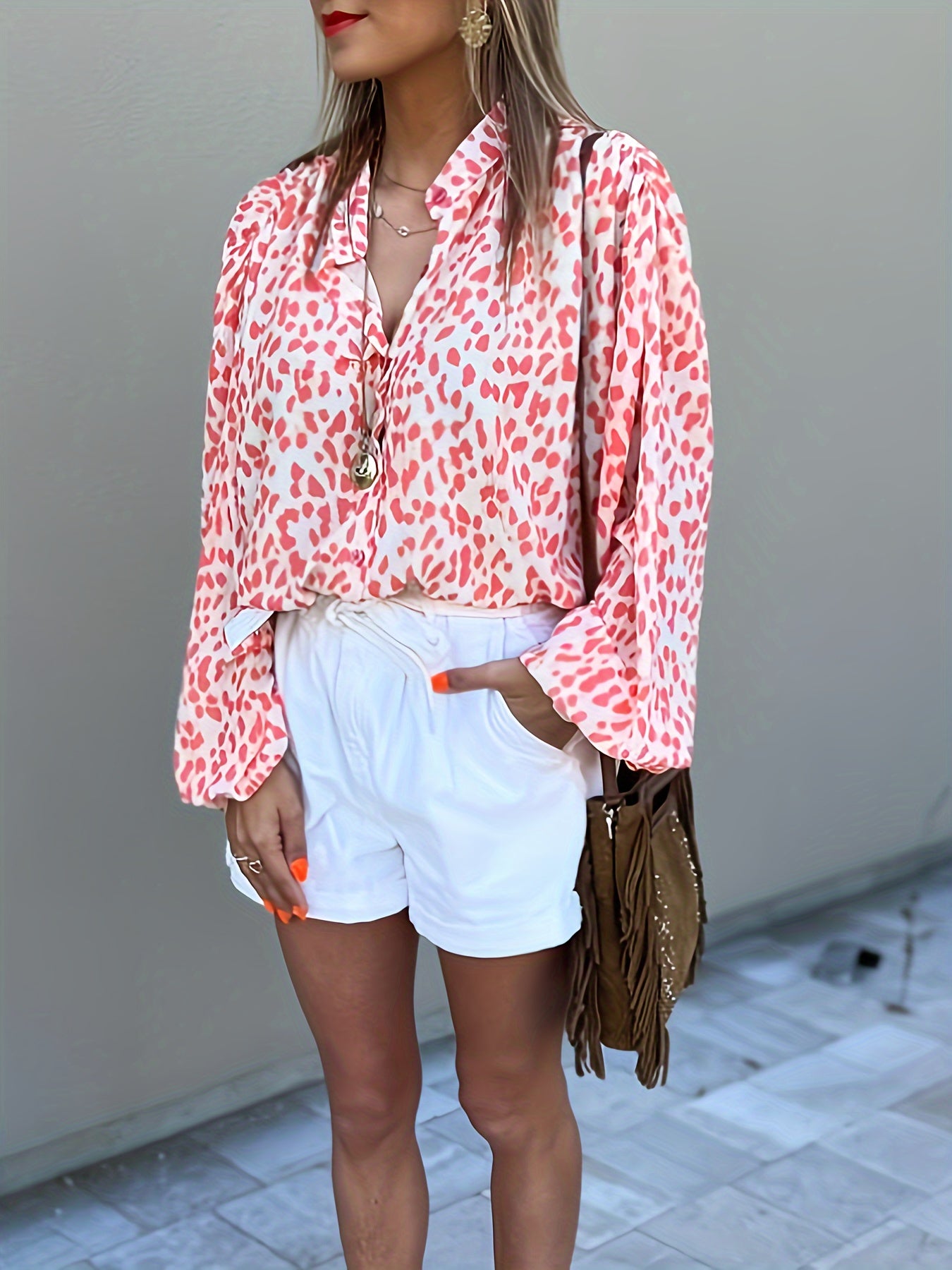 Casual Blouse Women's Plus Dalmatian Print Lantern Sleeve