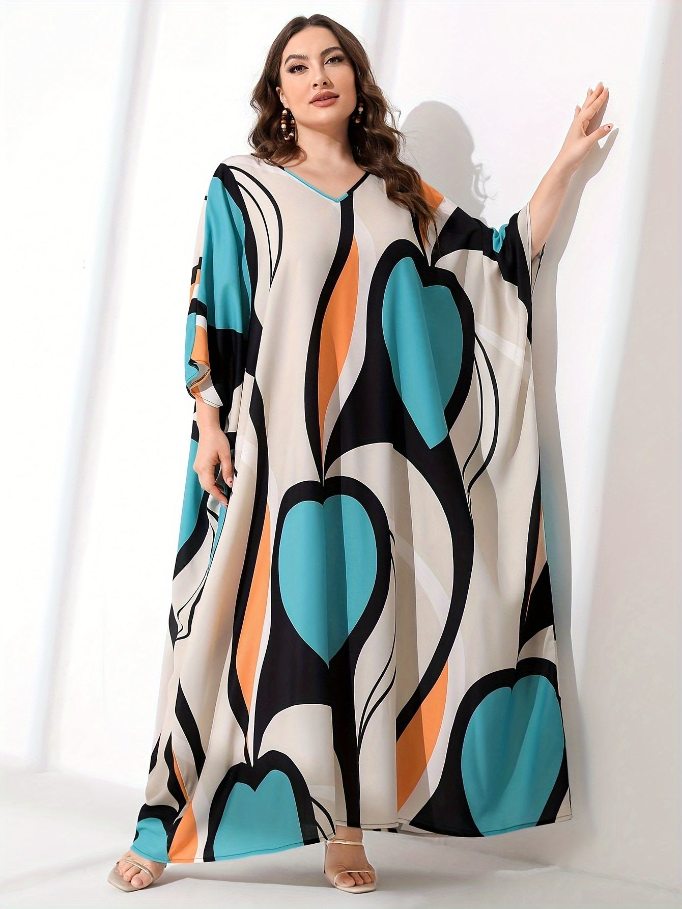 Contrast Colorblock Batwing Sleeve V Neck Maxi Dress