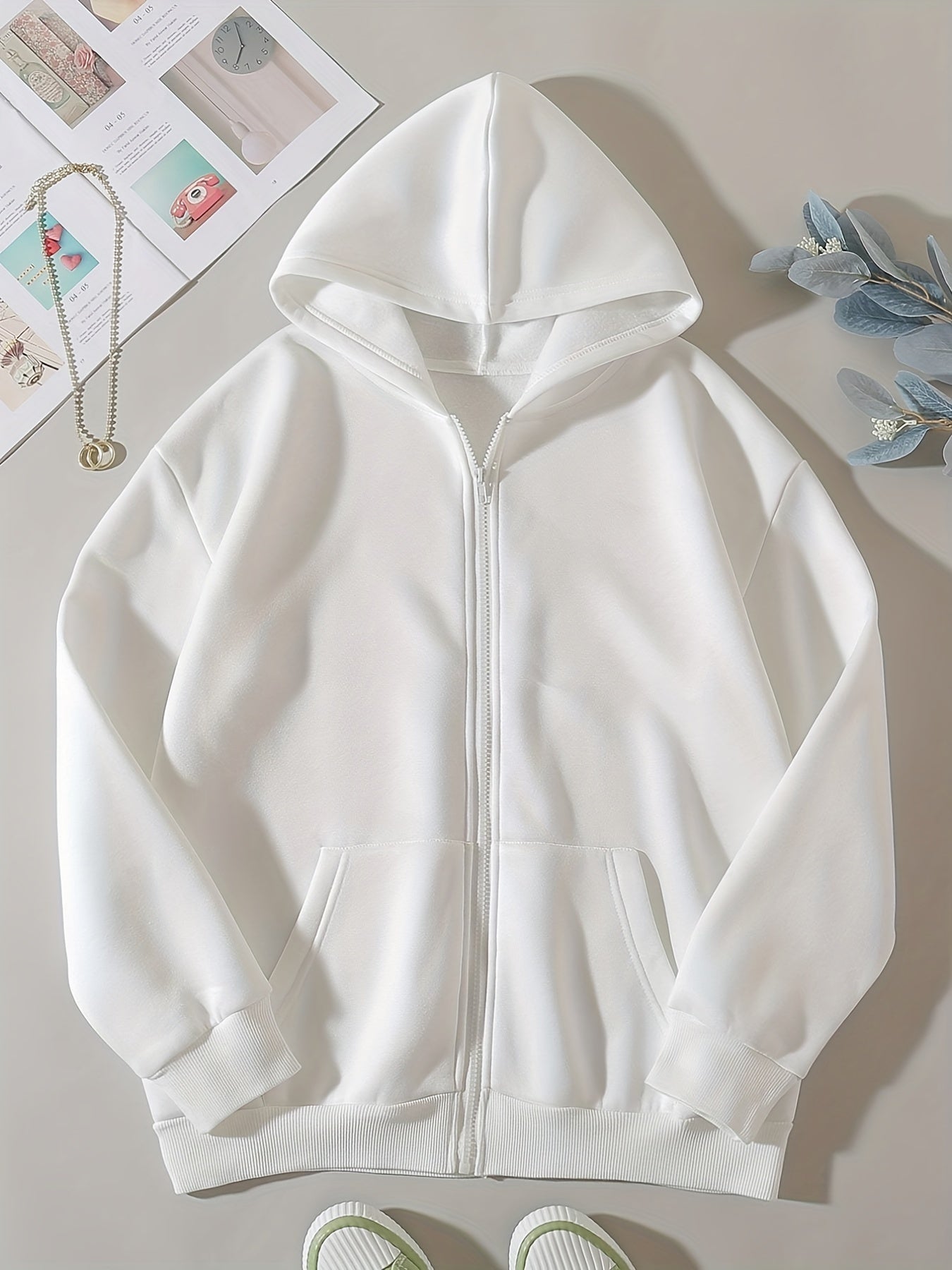 Solid Zip Up Hoodie Casual Long Sleeve Hoodies Sweatshirt With Pockets