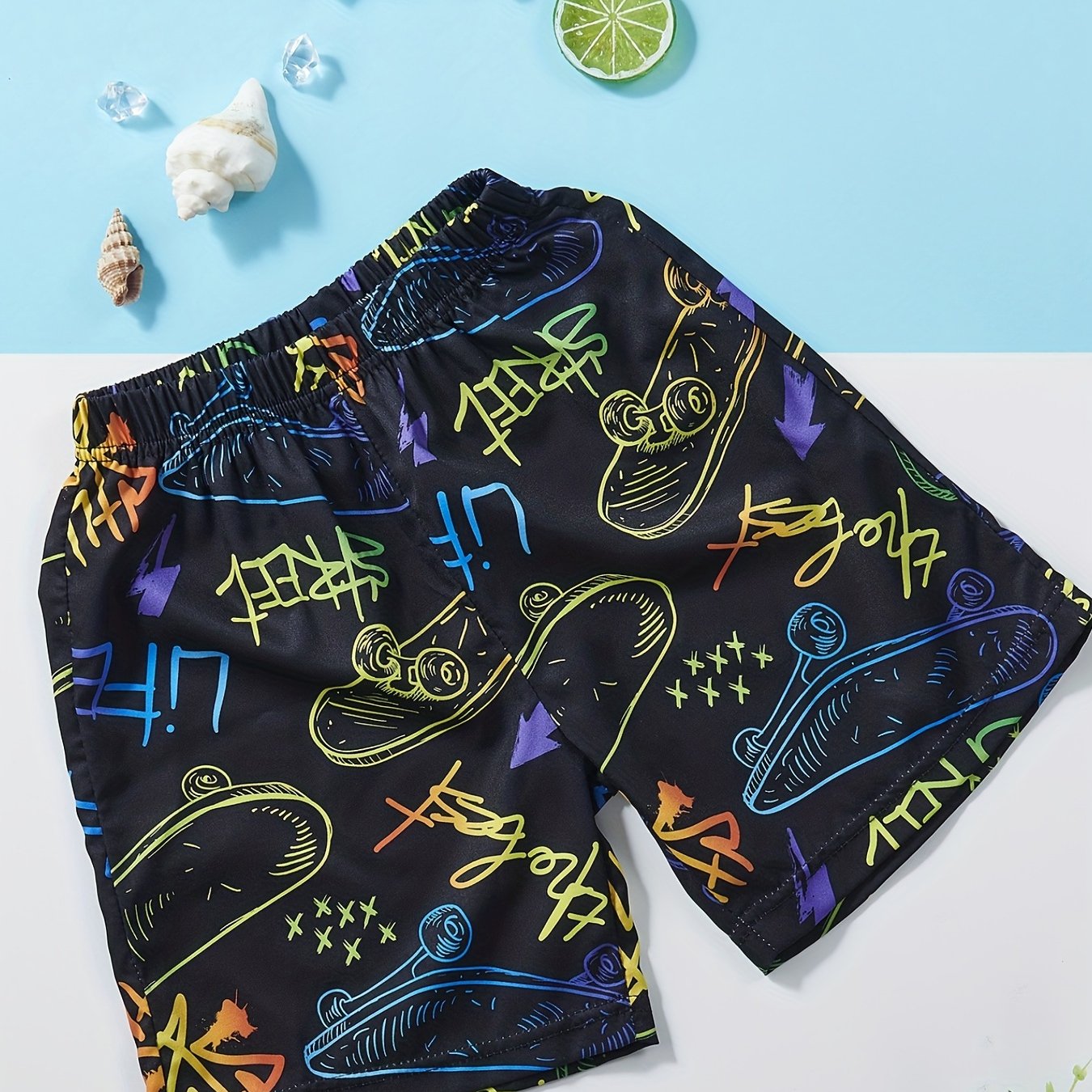 Boys Letter & Skateboard Print Shorts Soft Comfortable for Sum