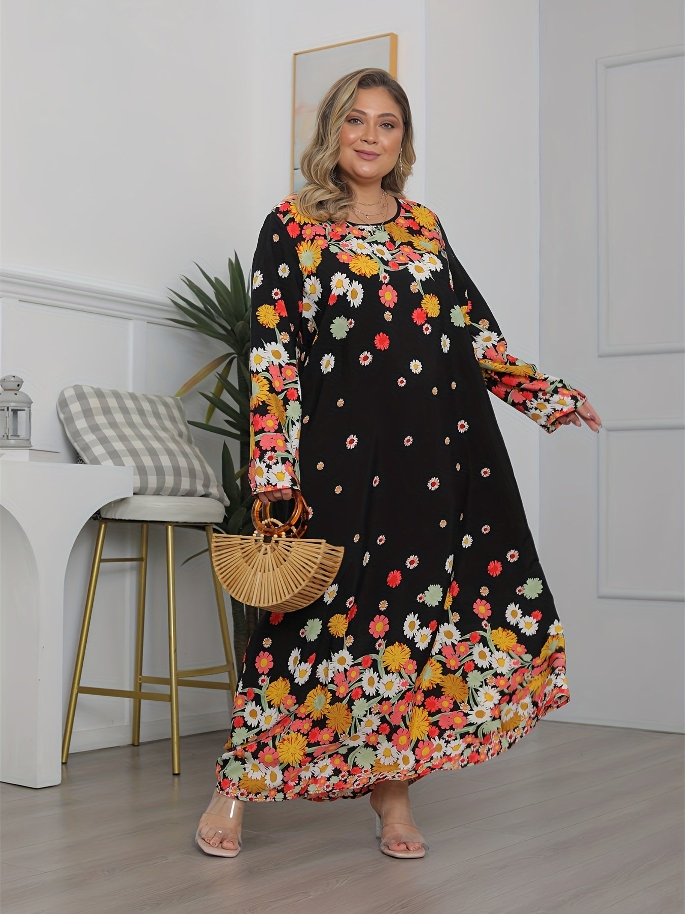 Floral Print Long Sleeve Plus Size Maxi Dress