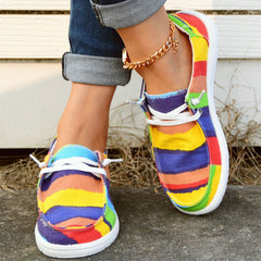 Striped Print Canvas Shoes Colorblock Lace Up Round Toe Casual Shoes
