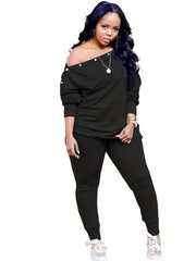 Cold Shoulder Long Sleeve Top & Slim Pants Set Women's Outfit