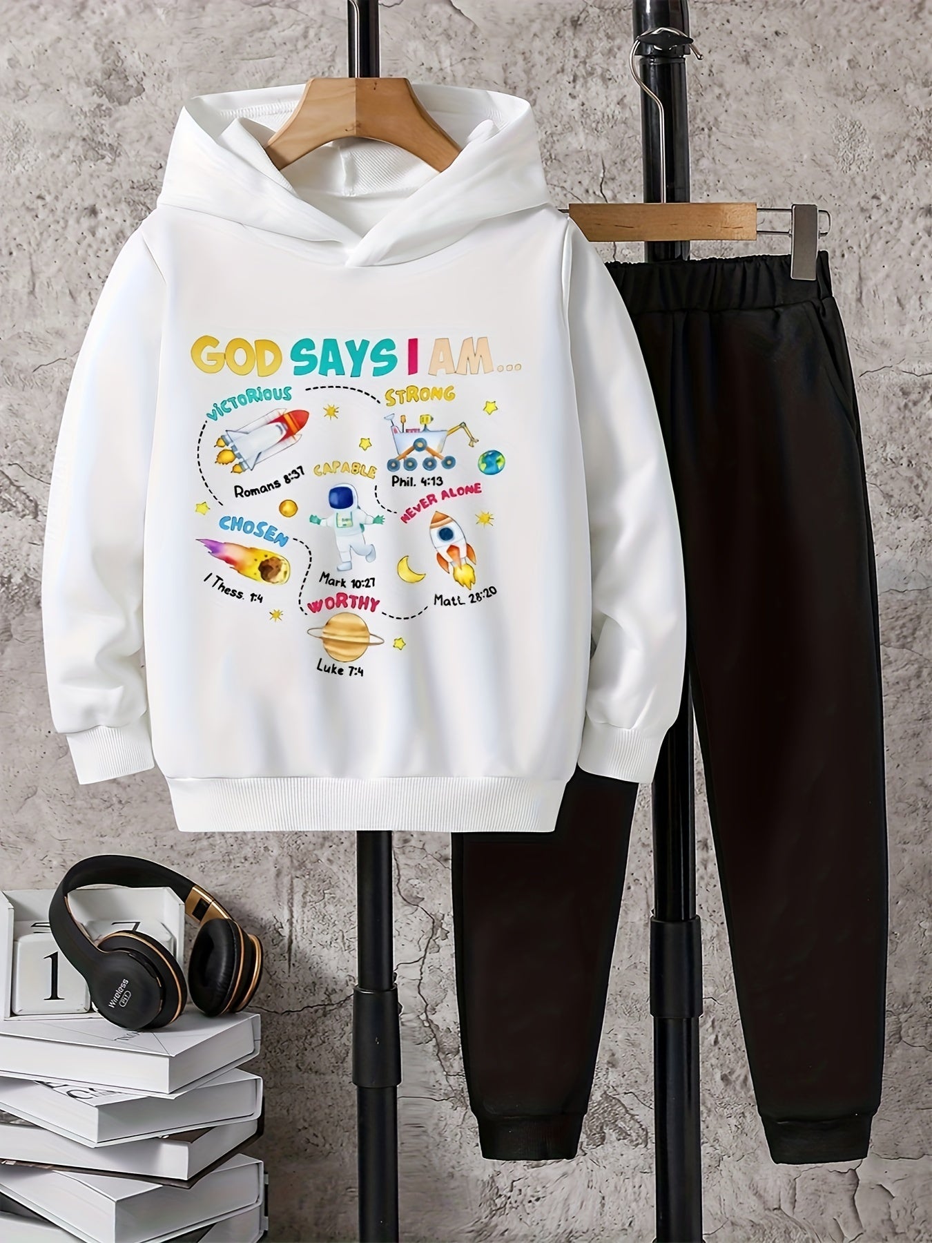 2pcs Astronaut And Planet Print Boys Hoodie Set