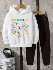 2pcs Astronaut And Planet Print Boys Hoodie Set