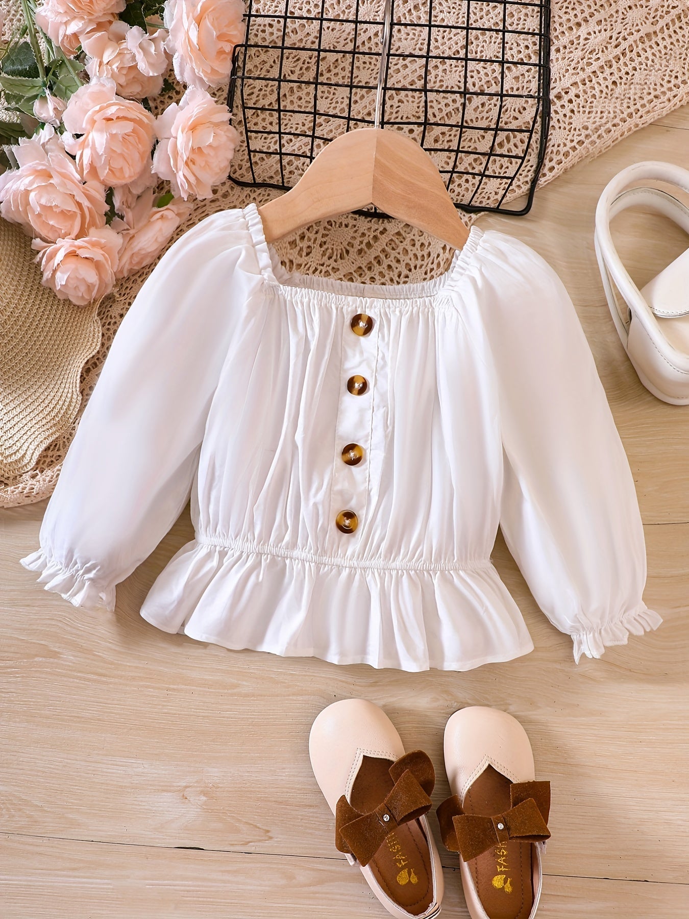 Ruffle Cuffs Button Square Neck Puff Sleeve Shirt