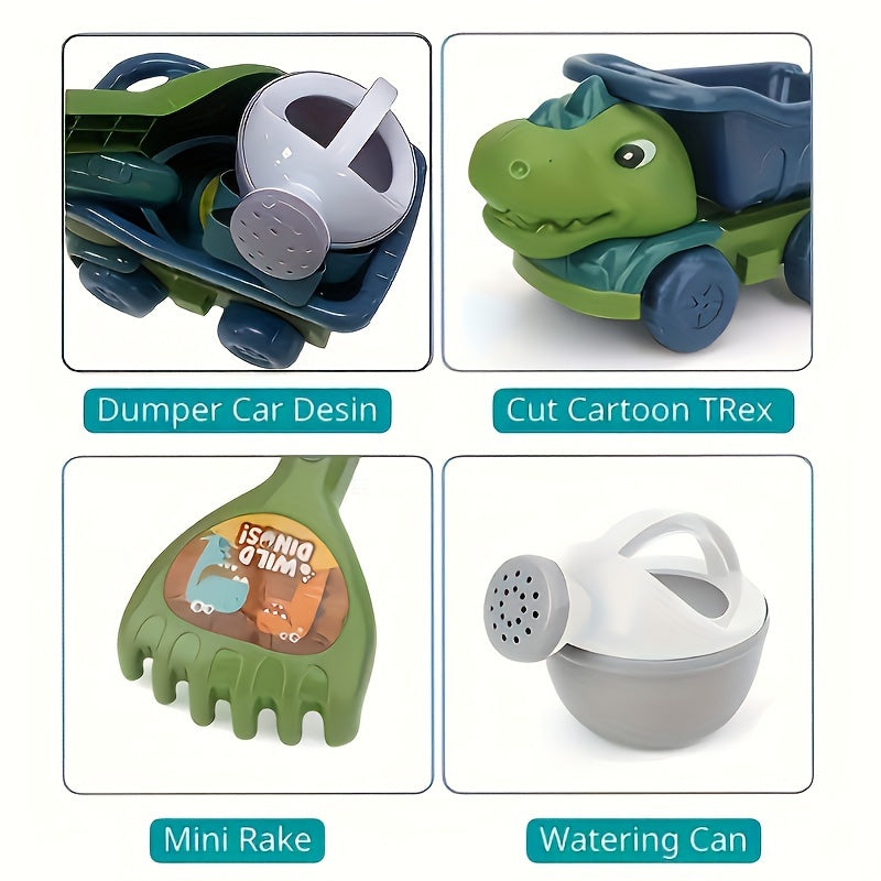 7pcs Dinosaur Beach Toy Set Dump Truck Watering Can Shovel Rake Sand Molds