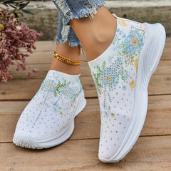 Floral Graphic Slip-On Walking Shoes with Rhinestone Decor