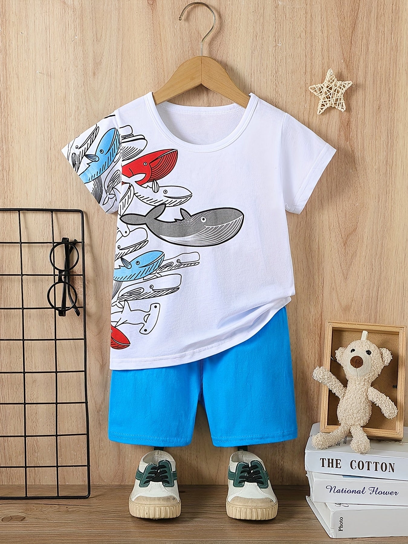 Boys Whale Print Casual Outfit T-shirt & Shorts Kids Summer Clothes Set