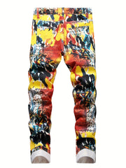 Boys Colorful Graffiti Streetwear Jeans Skinny Slim Fit Washed Denim Long Pants