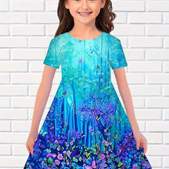 3D Print Magic Forest Graphic Flower Short Sleeve Dress Girls