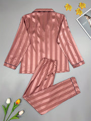 Striped Satin Pajama Set Long Sleeve Buttons Top & Elastic Waistband Pants