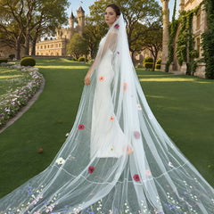 Bridal Veil with 3D Floral Embellishments Long Train Romantic Wedding Accessory