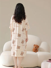 Cute Bear Print Nightdress Short Sleeve Crew Neck Sleep Dress
