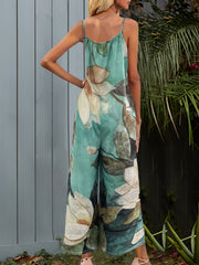 Bohemian Lotus Print Wide Leg Jumpsuit