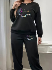 Women's Plus Dragonfly & Letter Print Fleece Pullover & Joggers Set