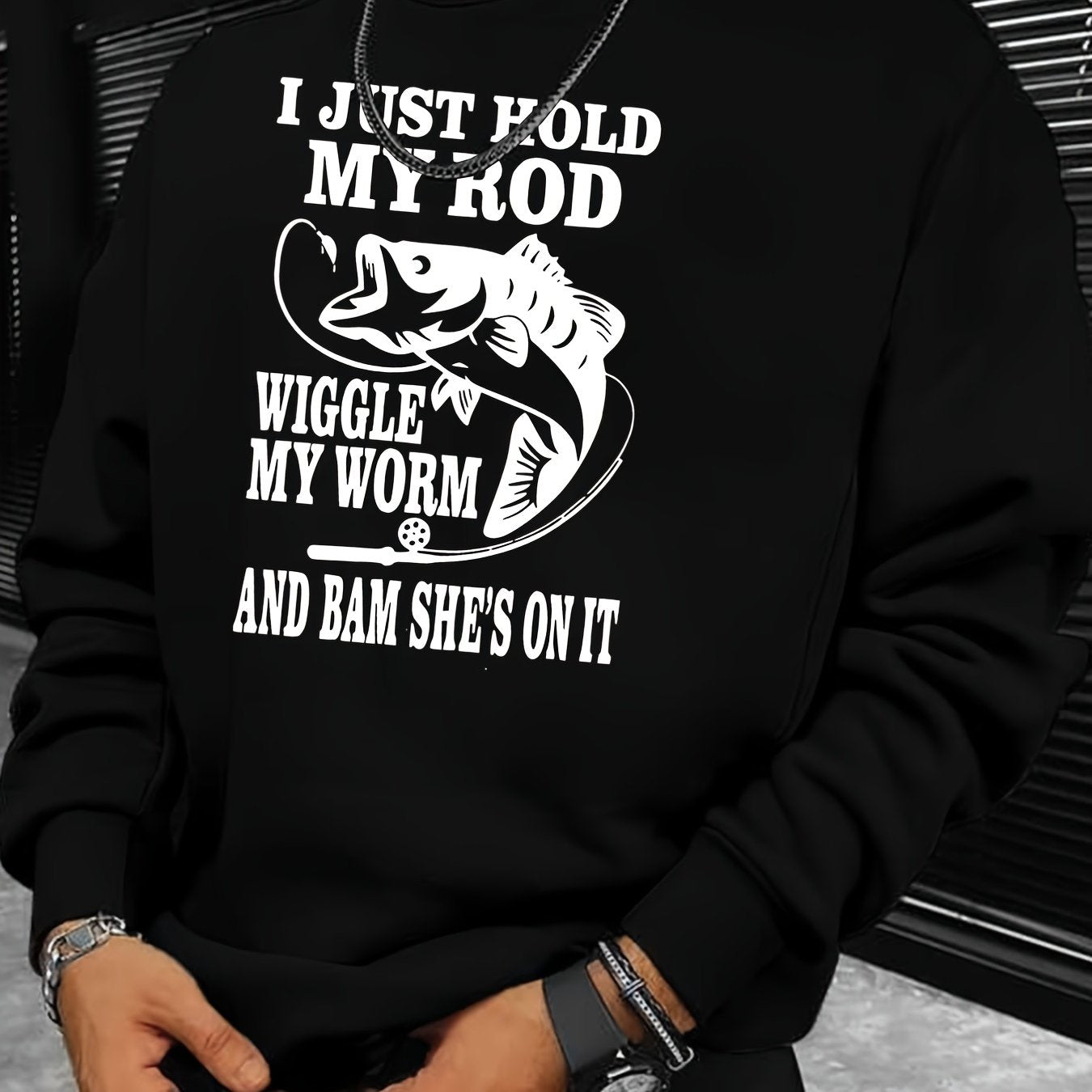 Funny Fishing Slogan Print Sweatshirt Men's Casual Crew Neck Pullover