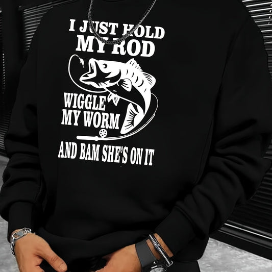 Funny Fishing Slogan Print Sweatshirt Men's Casual Crew Neck Pullover
