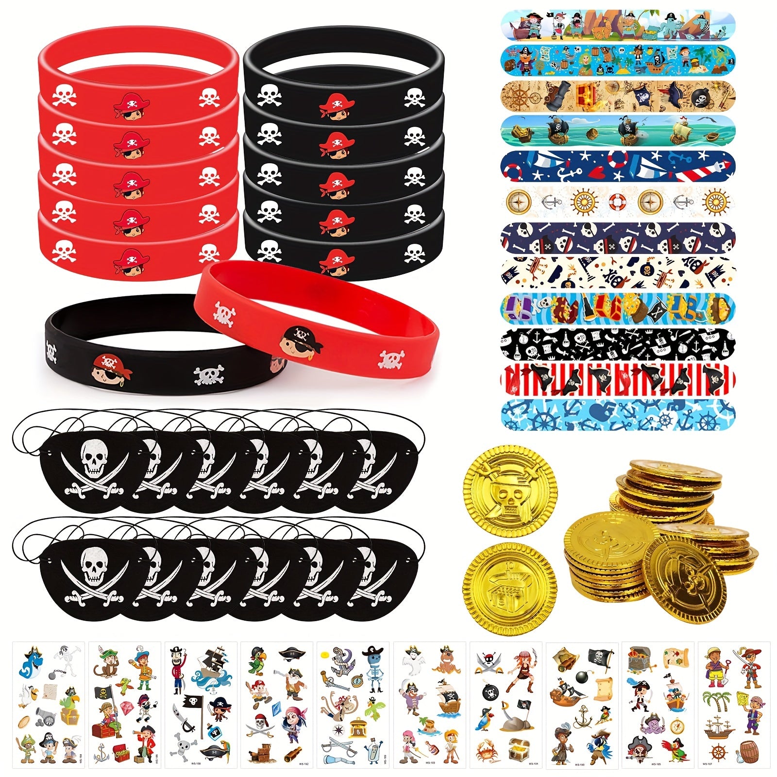 Pirate Party Favors: Coins, Gems, Bracelets, Eye Patch Tattoos