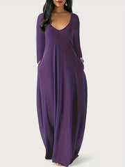 Solid Long Sleeve V Neck Maxi Dress