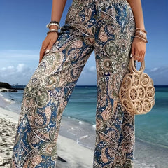 Paisley Print Wide Leg Pants Boho Elastic Waist Long Length Pants