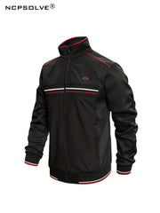2pcs Men's Striped Stand Collar Sports Suit & Active Pants