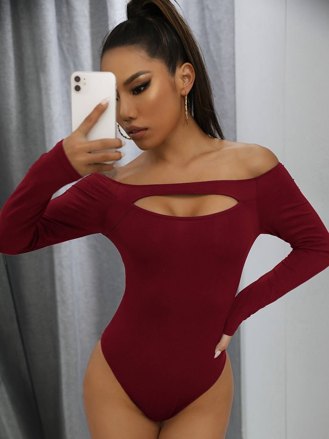 Off Shoulder Cut Out Bodysuit Long Sleeve Slim Fit Casual Bodysuit