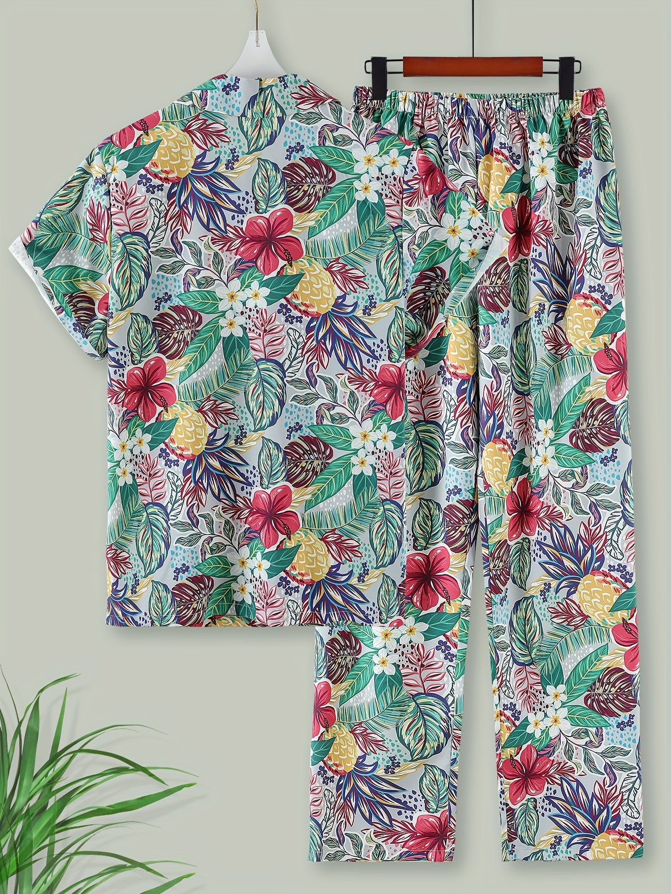 Floral Print Lounge Set Short Sleeve Buttons Top & Elastic Waistband Pants
