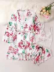 Floral Print Lounge Set Long Sleeve Ruffle Robe & Cami Top & Shorts